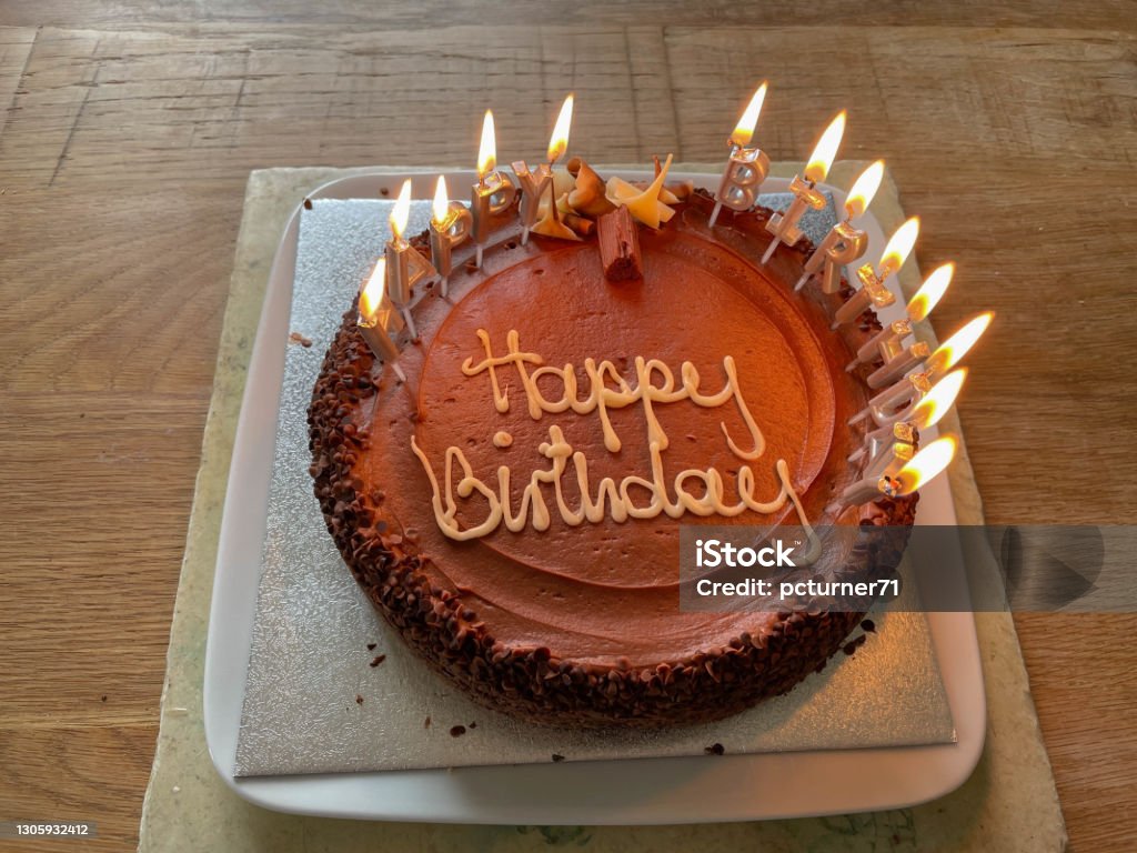 Home Made Chocolate Birthday Cake With Happy Birthday Candles On A ...