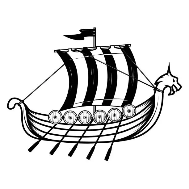 Vector illustration of Vikings ship. Drakkar. Design element for poster, emblem, sign. Vector illustration