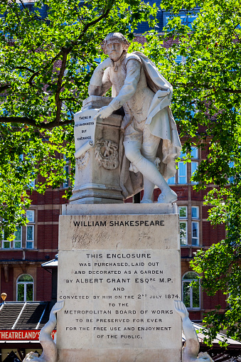 London, UK, July 14, 2014 : William Shakespeare marble statue erected in 1874 in Leicester Square Gardens which is a popular tourist travel destination attraction landmark, stock photo image