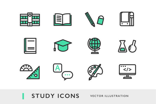 ilustraciones, imágenes clip art, dibujos animados e iconos de stock de conjunto de iconos educativos - worksheet