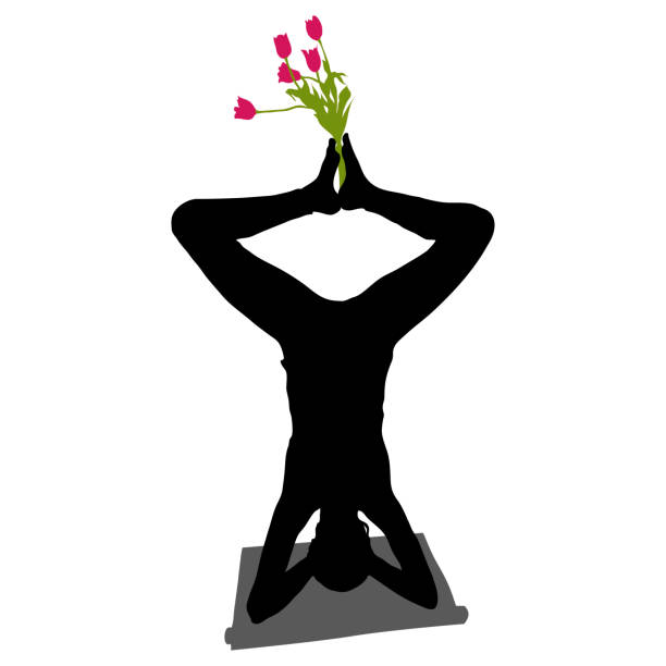 illustrations, cliparts, dessins animés et icônes de fille de yoga de silhouette vectorielle, tête de tête, pose de shirshasan. les pieds tiennent un bouquet de tulipes. isolé sur un fond blanc. le concept de mode de vie sain, humour, force, minceur, endurance. - inversion yoga