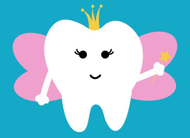 Tooth Fairy with wings, gold crown. Tooth Fairy with wings, gold crown.  Flat design cartoon kawaii style smiling emoji character. dental gold crown stock illustrations