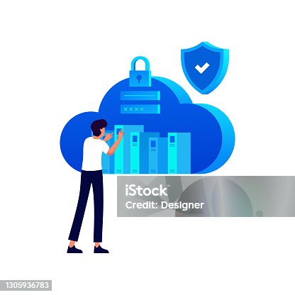 istock Data Security and Cyber Security Related Cartoon Style Flat Design Vector Illustration 1305936783