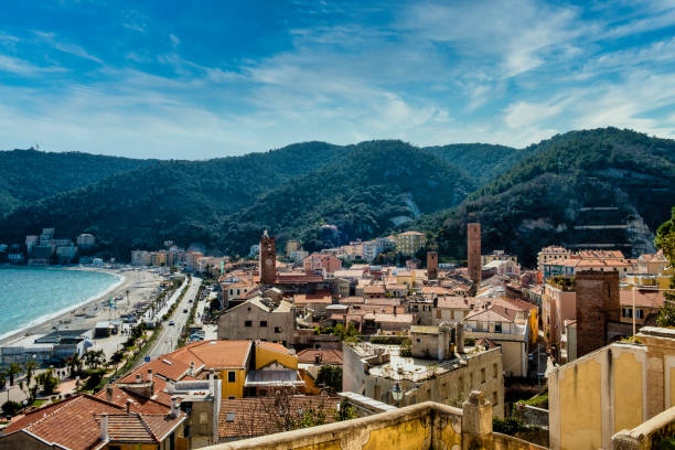 landscapes of the Ligurian coast in Noli, in the province of Savona landscapes of the Ligurian coast in Noli, in the province of Savona. With its medieval towers and its history as a maritime republic province of savona stock pictures, royalty-free photos & images