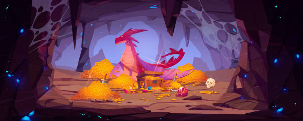 Dragon protect gold pile in cave fantasy character Dragon protect gold pile in cave, fantasy character guard treasure in mountain cavern. Magic creature of medieval fairytale, flying animal, book or computer game personage, Cartoon vector illustration cave stock illustrations