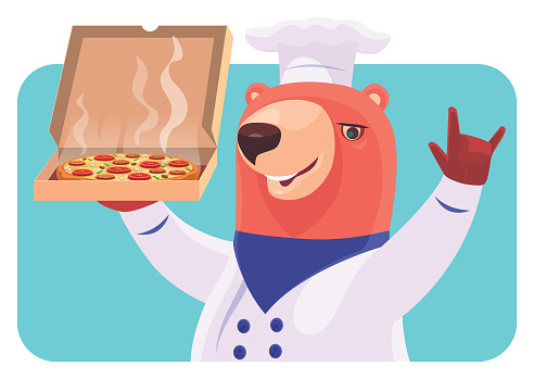 vector illustration of chef bear holding box of pizza and cheering