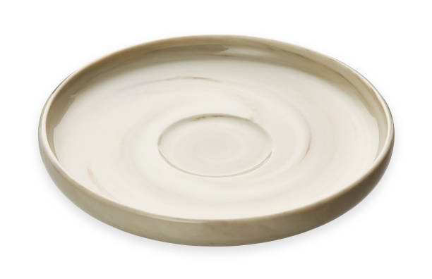 Empty brown ceramic plate with spiral pattern in watercolor styles, isolated on white background with clipping path, Side view