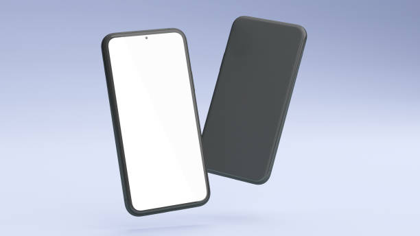 istock Front and back mobile phone mockup screen floating on a blue background in 3D rendering. Realistic template of cellphone frame and blank display concept for presentation. 1305943356