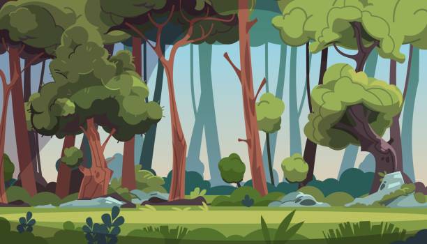 ilustrações de stock, clip art, desenhos animados e ícones de forest landscape. cartoon wood with green foliage and strong tree trunks. grassy meadow with stones illuminated by sun's rays. panoramic natural scape background. vector wild flora - forest