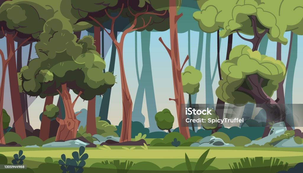 Forest Landscape Cartoon Wood With Green Foliage And Strong Tree Trunks  Grassy Meadow With Stones Illuminated By Suns Rays Panoramic Natural Scape  Background Vector Wild Flora Stock Illustration - Download Image Now -