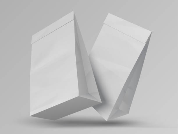 istock Food bags. Realistic white paper packages. Blank closed packets, mockup for branding. Bagged snacks and takeaway meal. Ecological packaging, vector recyclable sacks with copy space 1305945054