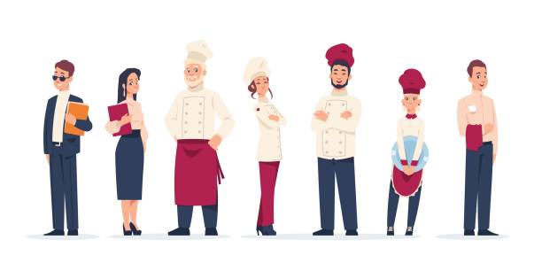 Restaurant workers. Standing people work in cafe. Waiter and chief, administrator and kitchen staff wear uniform. Career concept, service sector employment. Vector set of employees Restaurant workers. Standing in row people work in cafe. Cartoon waiter and chief, administrator and kitchen staff wear uniform. Career concept, service sector employment. Vector set of employees chiefs stock illustrations