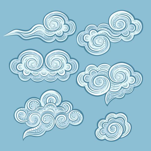 handgezeichnete dekorative blaue wolken set - swirl blue textile backgrounds stock-grafiken, -clipart, -cartoons und -symbole