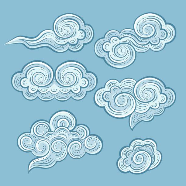 нарисованные вручную декоративные синие облака - swirl blue textile backgrounds stock illustrations