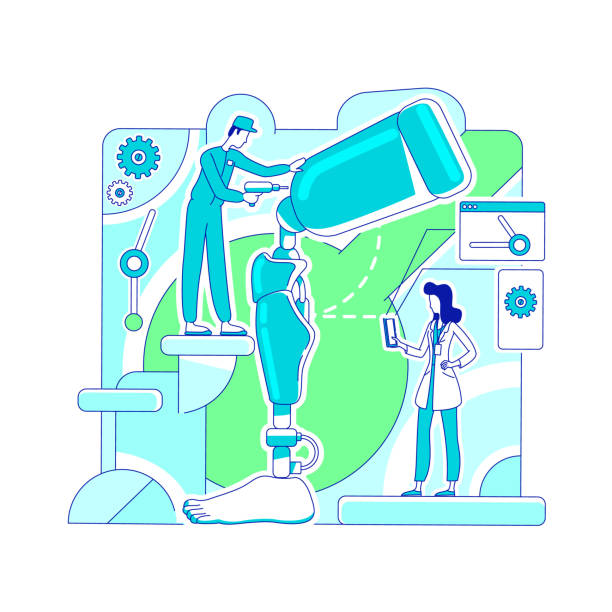 Prosthetics laboratory thin line concept vector illustration Prosthetics laboratory thin line concept vector illustration. Science doctor and engineer 2D cartoon characters for web design. Lab workers testing artificial leg. Robotics, bionics creative idea robot-legs stock illustrations