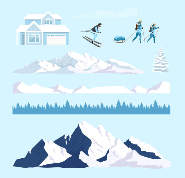 illustrazioni stock, clip art, cartoni animati e icone di tendenza di set di oggetti vettoriali animati natura invernale - glacier mountain ice european alps