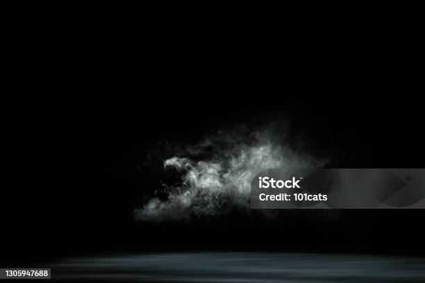 Dry White Ice Smoke Clouds Fog Empty Stage Textured Isolated Black Background Stock Photo - Download Image Now
