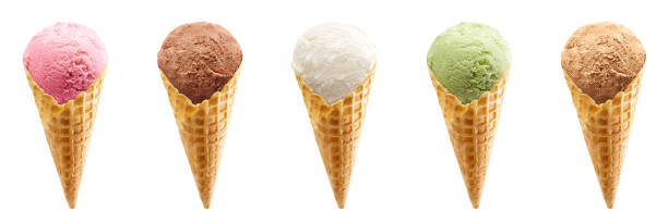 istock Various ice cream scoops in waffle cones isolated on white background 1305947842