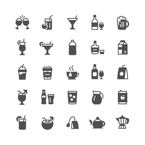 ilustraciones, imágenes clip art, dibujos animados e iconos de stock de set de iconos planos de alcohol, cócteles y bebidas - wineglass symbol coffee cup cocktail