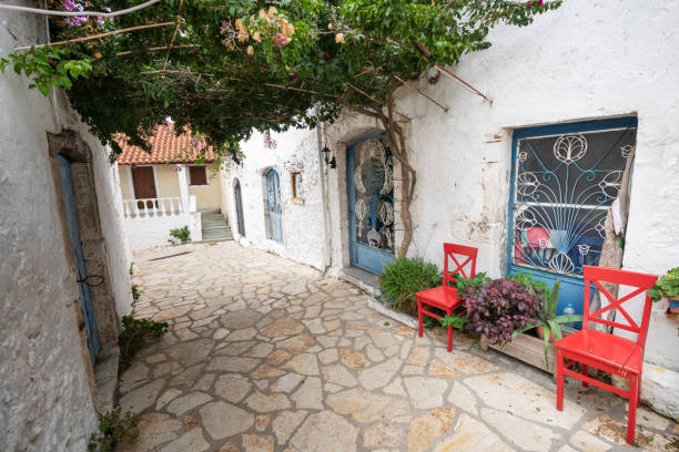kleurrijk geplant bergdorp, afionas griekenland - corfu town stockfoto's en -beelden
