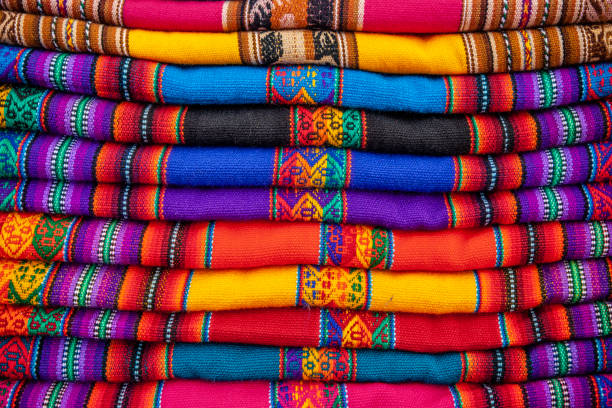 istock Colorful Peruvian fabrics for sale, Cuzco market, Peru 1305951606