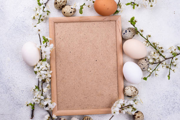 istock Chicken and quail eggs with blooming branch 1305952206