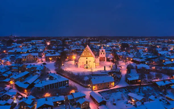 Aerial view of Old Porvoo in the winter evening with Christmas decoration, Finland. Porvoo is one of the most famous, beautiful old Finnish cities.