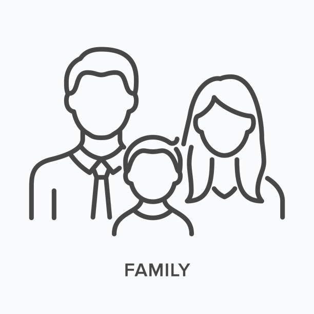 familie flache linie symbol. vektor-umriss-illustration von mann, frau und kind. schwarzes dünnes lineares piktogramm für vater, mutter und sohn - family stock-grafiken, -clipart, -cartoons und -symbole