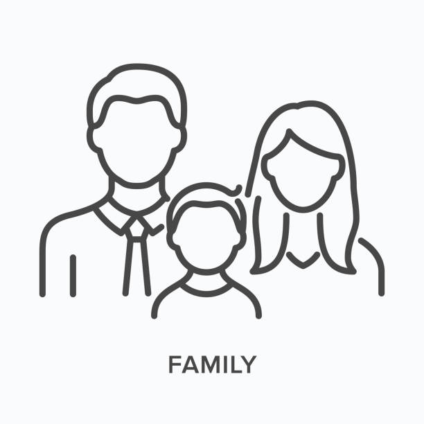 패밀리 플랫 라인 아이콘입니다. 남성, 여성 및 아동의 벡터 개요 그림입니다. 아버지, 어머니, 아들을 위한 블랙 씬 리니어 픽토그램 - family stock illustrations