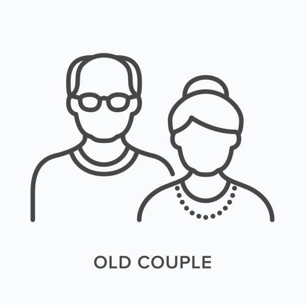 ilustrações de stock, clip art, desenhos animados e ícones de old couple flat line icon. vector outline illustration of grandfather and grandmother. black thin linear pictogram for senior people - 70s