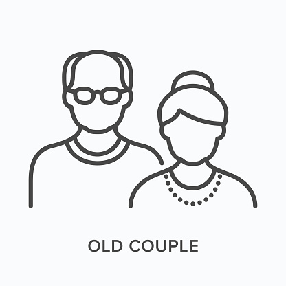 Old couple flat line icon. Vector outline illustration of grandmother and grandmother. Black thin linear pictogram for senior people.