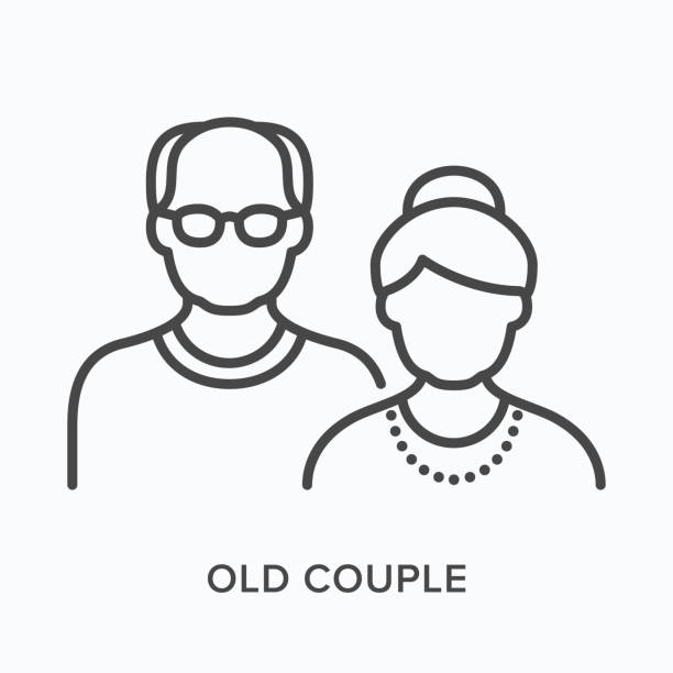 Old couple flat line icon. Vector outline illustration of grandfather and grandmother. Black thin linear pictogram for senior people Old couple flat line icon. Vector outline illustration of grandmother and grandmother. Black thin linear pictogram for senior people. seniors stock illustrations