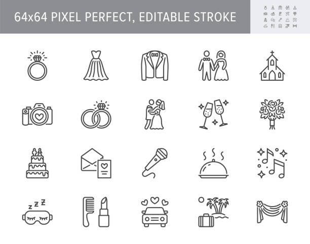 Wedding timeline line icons. Vector illustration include icon - bouquet, ring, bouquet, tuxedo, groom, bridal, invitation outline pictogram for marriage ceremony. 64x64 Pixel Perfect, Editable Stroke Wedding timeline line icons. Vector illustration include icon - bouquet, ring, bouquet, tuxedo, groom, bridal, invitation outline pictogram for marriage ceremony. 64x64 Pixel Perfect, Editable Stroke. honeymoon stock illustrations