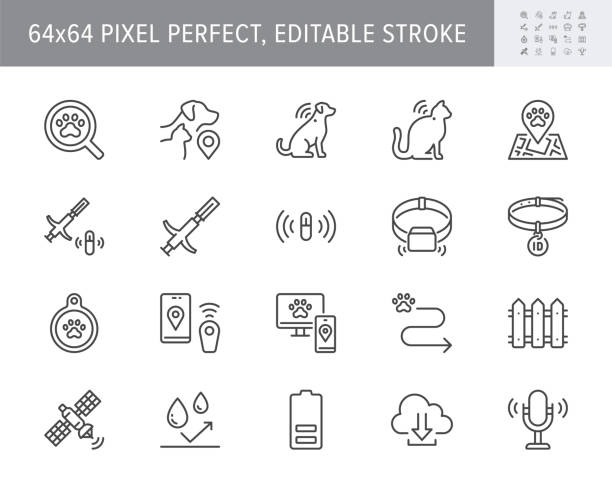 Pet tracking line icons. Vector illustration include icon - trace, collar, microchip, magnifier, battery, dog, cat tracking outline pictogram for animal search. 64x64 Pixel Perfect, Editable Stroke Pet tracking line icons. Vector illustration include icon - trace, collar, microchip, magnifier, battery, dog, cat tracking outline pictogram for animal search. 64x64 Pixel Perfect, Editable Stroke. detective map stock illustrations