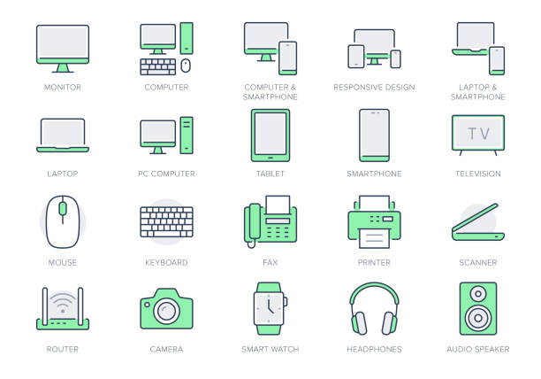 Technology line icons. Vector illustration include icon - computer, monitor, laptop, cellphone, router, fax, scanner, outline pictogram for electronic equipment. Green Color, Editable Stroke Technology line icons. Vector illustration include icon - computer, monitor, laptop, cellphone, router, fax, scanner, outline pictogram for electronic equipment. Green Color, Editable Stroke. computer mouse photos stock illustrations