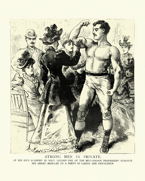 illustrations, cliparts, dessins animés et icônes de homme fort victorien exhibant ses muscles aux femmes, 19ème siècle - strongman