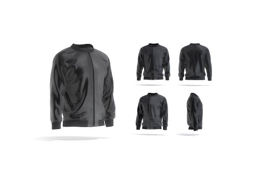 Blank black bomber jacket mock up, different views set, 3d rendering. Empty windproof parka or jacket mockup, isolated. Clear male military outerwear for letterman outfit template.