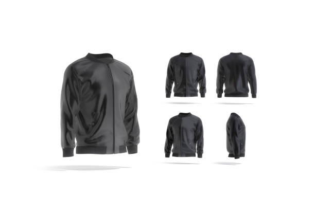 Blank black bomber jacket mock up, different views set Blank black bomber jacket mock up, different views set, 3d rendering. Empty windproof parka or jacket mockup, isolated. Clear male military outerwear for letterman outfit template. wind shelter stock pictures, royalty-free photos & images