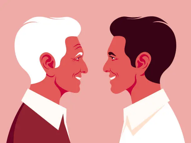 Vector illustration of Grandfather and grandson in profile.  The faces of a young and elderly man.