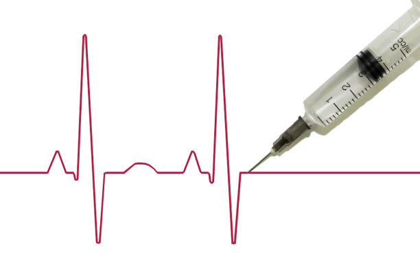 euthanasia, drug addiction, schematic cardiogram of the pulse with a syringe stuck into it, after which death occurs - shooting up imagens e fotografias de stock