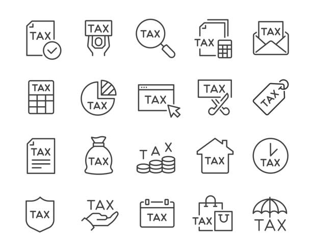 Tax Icons Set. Collection of linear simple web icons such as Tax Return, Tax Calendar, Tax Form, Purchase Tax, Tax Counting and other. Editable vector stroke. Tax Icons Set. Collection of linear simple web icons such as Tax Return, Tax Calendar, Tax Form, Purchase Tax, Tax Counting and other. Editable vector stroke. tax silhouettes stock illustrations