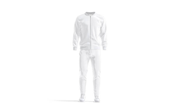 Blank white sport tracksuit with bomber, pants and sneakers mockup Blank white sport tracksuit with bomber, pants and sneakers mockup, 3d rendering. Empty male jersey fitness costume mock up, isolated, front view. Clear outwear sports suit template. tracksuit stock pictures, royalty-free photos & images