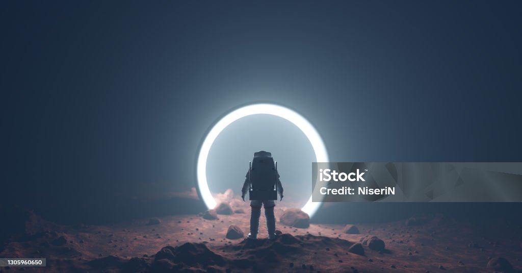 Astronaut on foreign planet in front of spacetime portal light Astronaut on foreign planet in front of spacetime portal light. Science fiction universe exploration. 3D render Outer Space Stock Photo