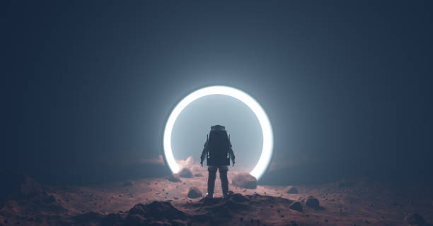 Astronaut on foreign planet in front of spacetime portal light Astronaut on foreign planet in front of spacetime portal light. Science fiction universe exploration. 3D render space stock pictures, royalty-free photos & images