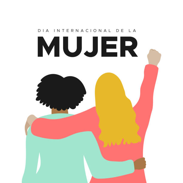 międzynarodowy dzień kobiet. 8 marca. hiszpański. dia internacional de la mujer. pięść do góry. dwie kobiety razem przytulanie. pojęcie praw człowieka, równości, upodmiotowienia. ilustracja wektorowa, płaska - arm around stock illustrations