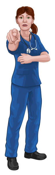 illustrazioni stock, clip art, cartoni animati e icone di tendenza di medico o infermiera donna in scrub uniforme puntamento - nurse standing white background beauty