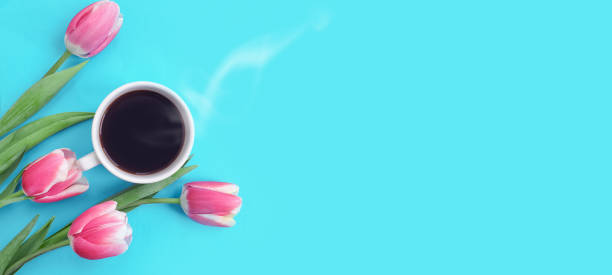istock cup of coffee. tulip flower on colored background 1305962078