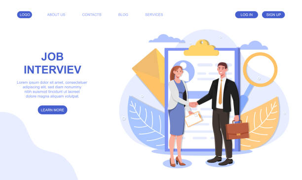 Male and female characters are shaking hands after recruitment on interview Male and female characters are shaking hands after recruitment on interview. Concept of human resources and recruitment. Website, web page, landing page template. Flat cartoon vector illustration recruitment agency stock illustrations