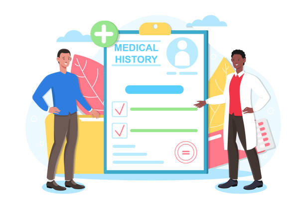 Male doctor is checking medical history of a patient Male doctor is checking medical history of a patient. Doctor is exploring patient medical history, card with illnesses. Website, web page, landing page template. Flat cartoon vector illustration cartoon of medical records stock illustrations