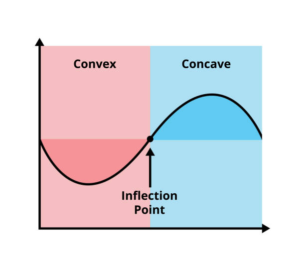 Vector scheme of a convex function and concave math function with inflection point isolated on white. Vector educational graph or scheme of a convex function and concave function with a marked inflection point. Functions separated by red and blue colors. Mathematical function, decreasing and increasing function in one graph. The chart is isolated on a white background. Science, education. concave stock illustrations